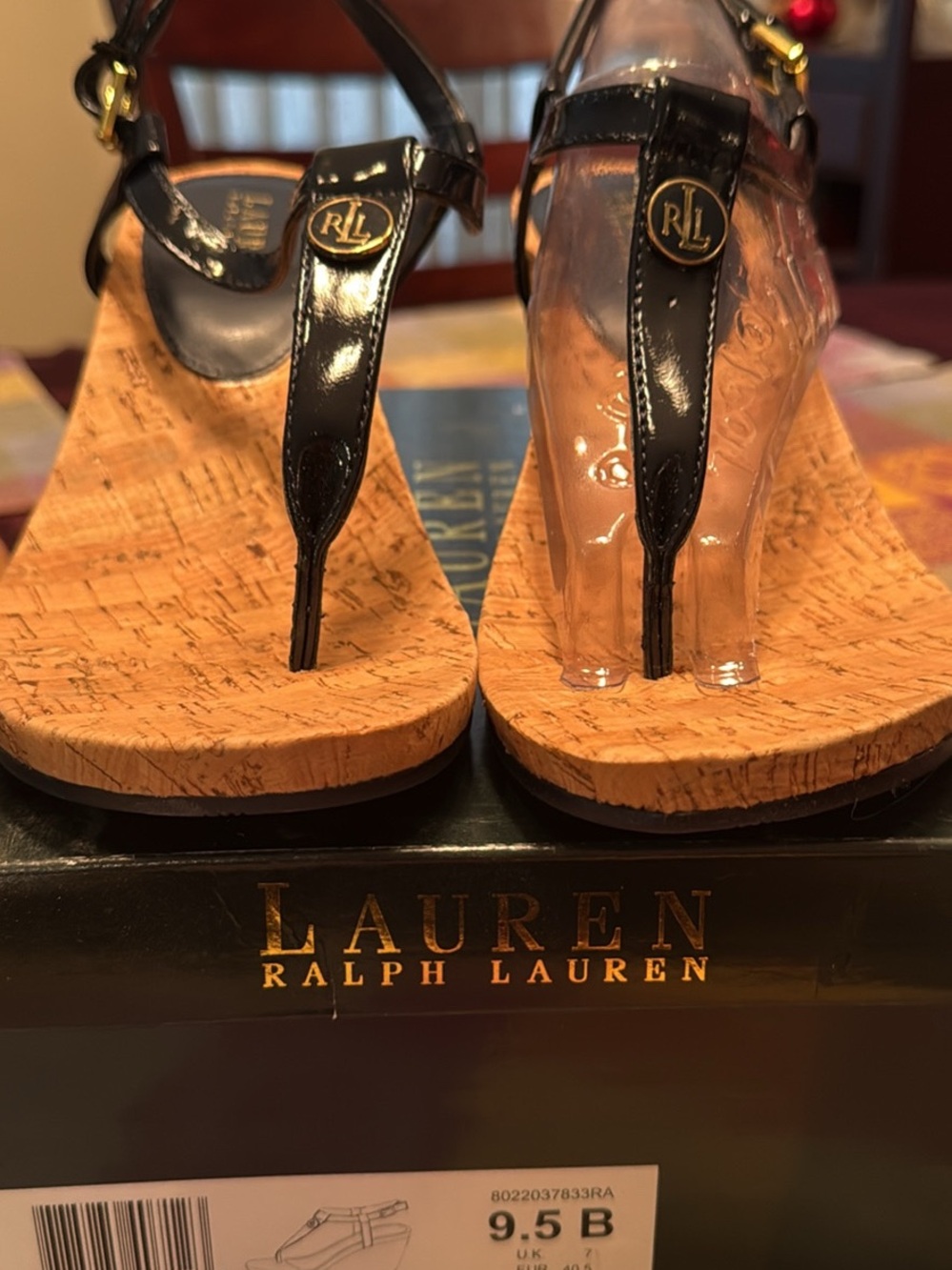 Ralph Lauren Navy Blue Patent Leather Cork Wedge Sandals